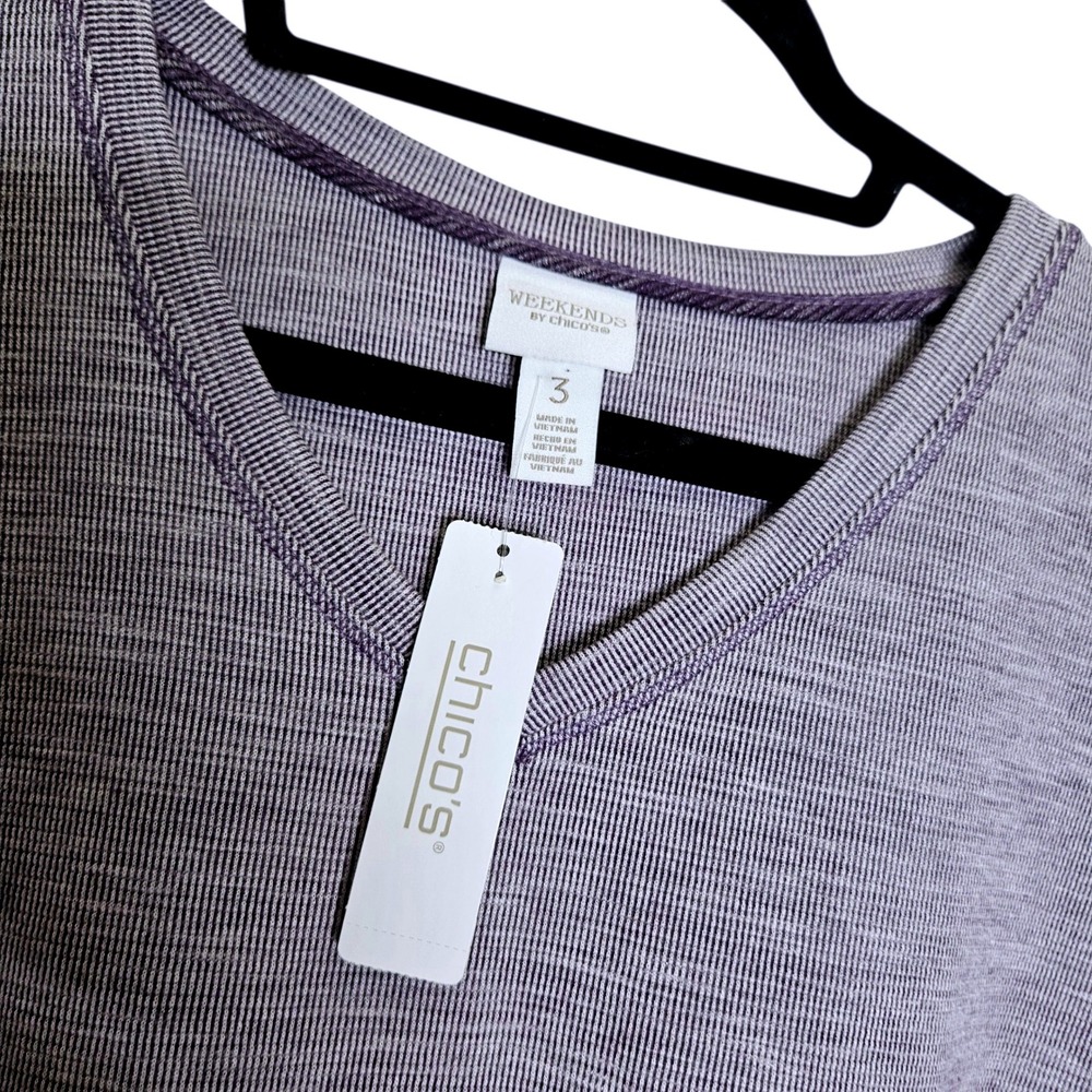 Weekends by Chico's Purple Knit V-Neck Short Sleeve Top 3 or L Basic Minimalist - Picture 3 of 9